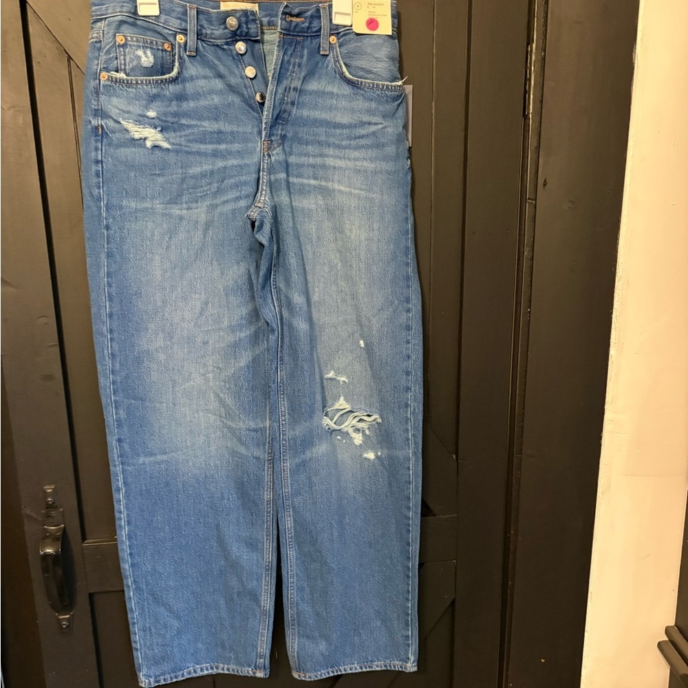 Universal Thread Straight-Leg Button-Fly Jeans in Blue with Distressed Details
